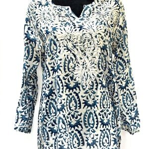 Dolma Blue and White Block Print Lightweight Cotton Tunic Top